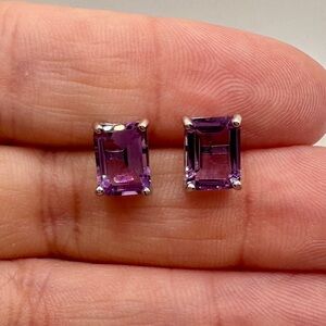 Big natural amethyst emerald cut stud earrings